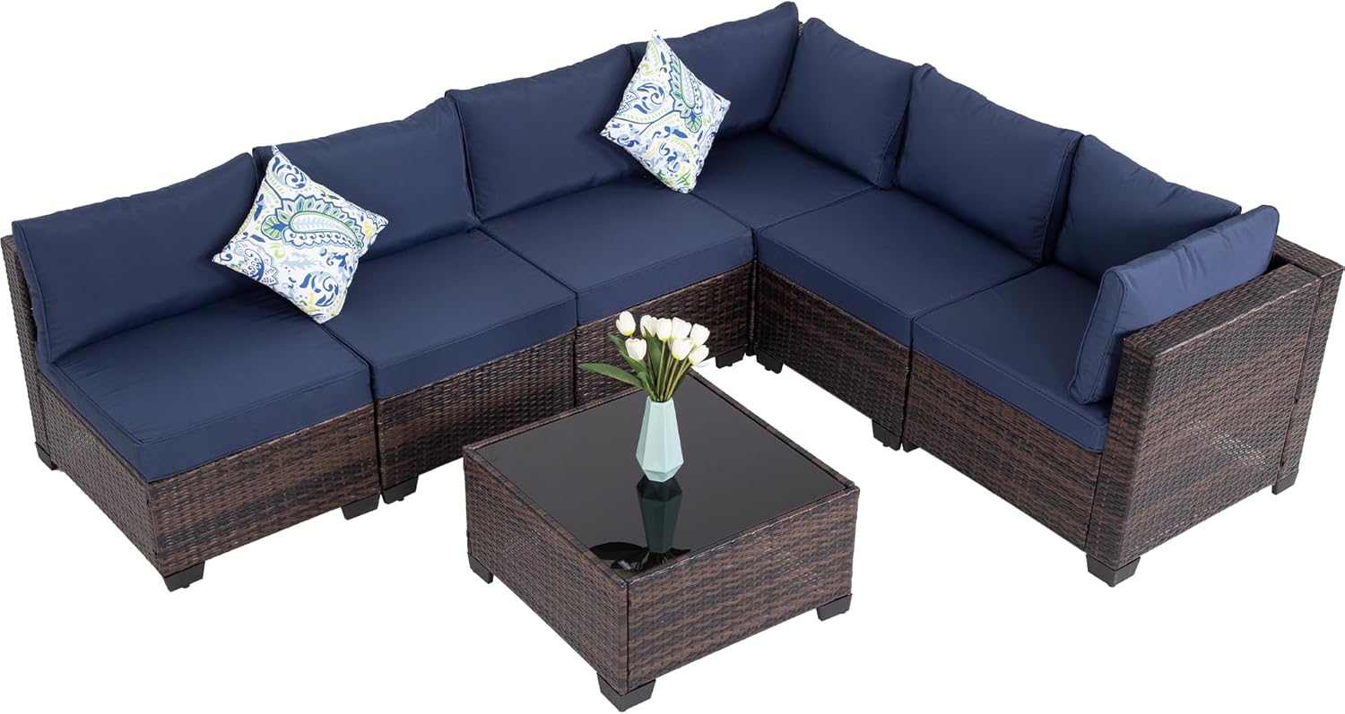 7 Pieces Patio Furniture Set Modular Patio Set Wicker Outdoor Sectional Sofa Set PE Rattan Wicker Patio Conversation Set with Thickened Cushions and C