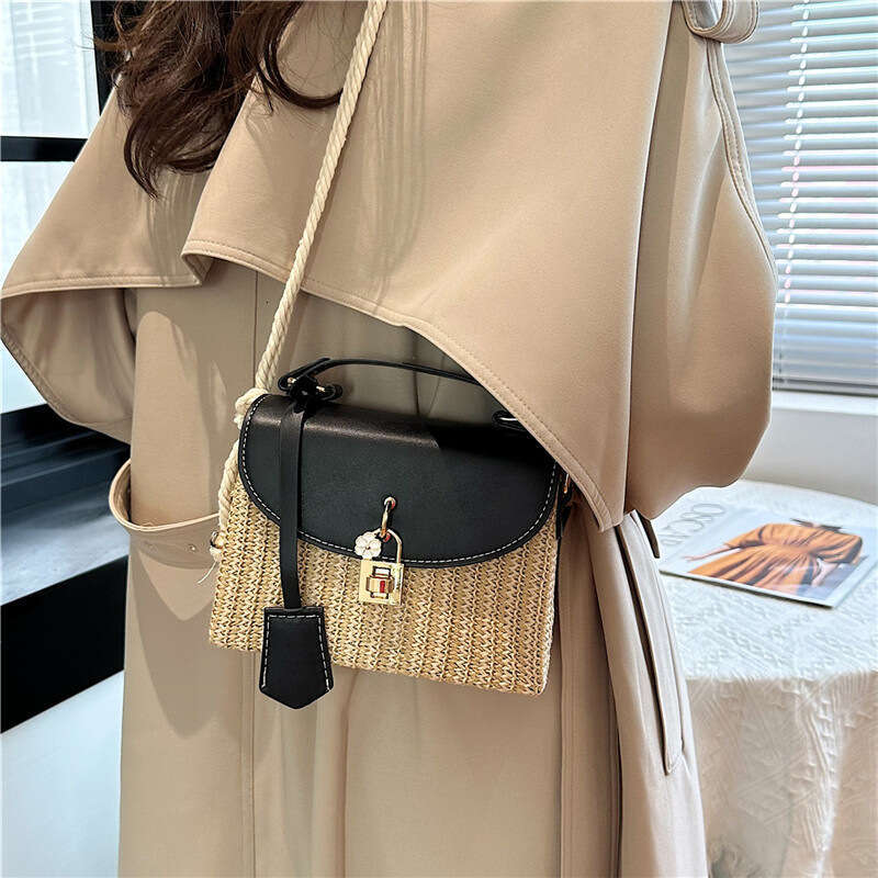 Straw Woven Single Shoulder Crossbody for Women 2024 Lock Simple Versatile Chain Commuter Small Square Bag Bags