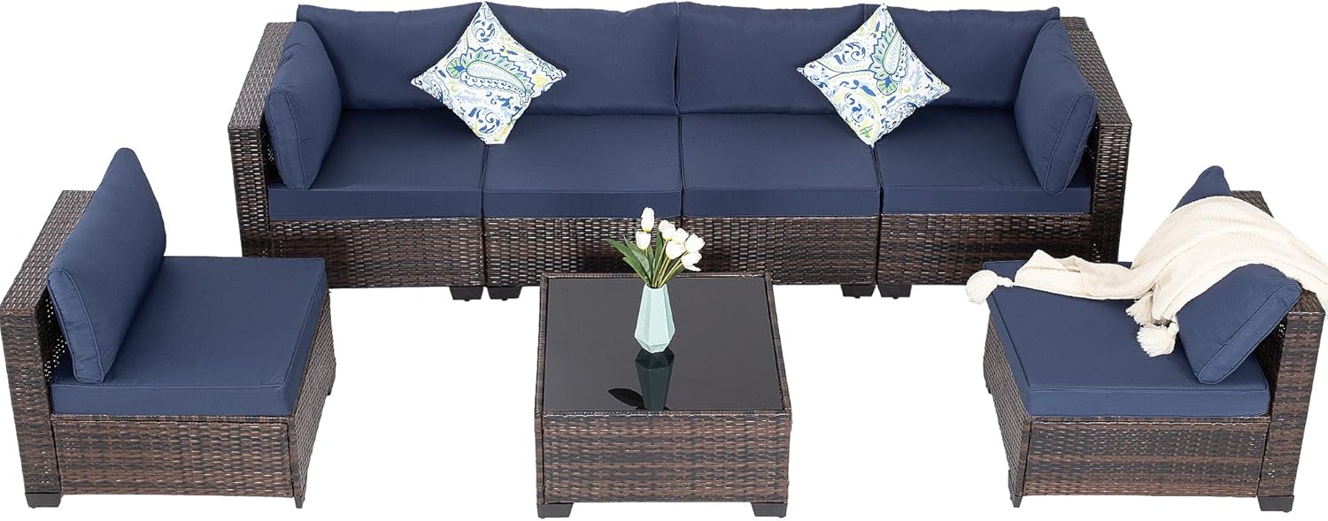 7 Pieces Patio Furniture Set Modular Patio Set Wicker Outdoor Sectional Sofa Set PE Rattan Wicker Patio Conversation Set with Thickened Cushions and C
