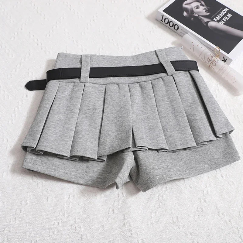 Kimotimo Womens Shorts Autumn Winter Belt High Waist Fluffy Pleated A-line Short Pants Korean Fashion Sexy Y2k All Match Clothes 250619