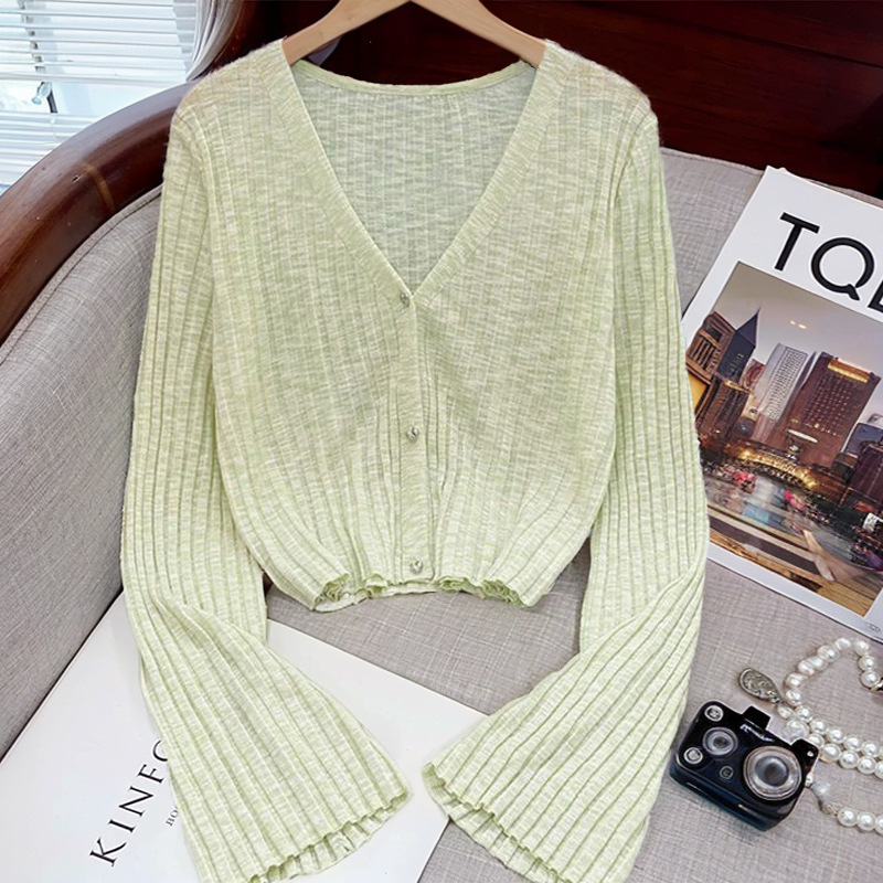 K1077 Ice silk short V-neck knitted cardigan for women, new summer style, long-sleeved thin sunscreen shirt with suspender skirt and shawl