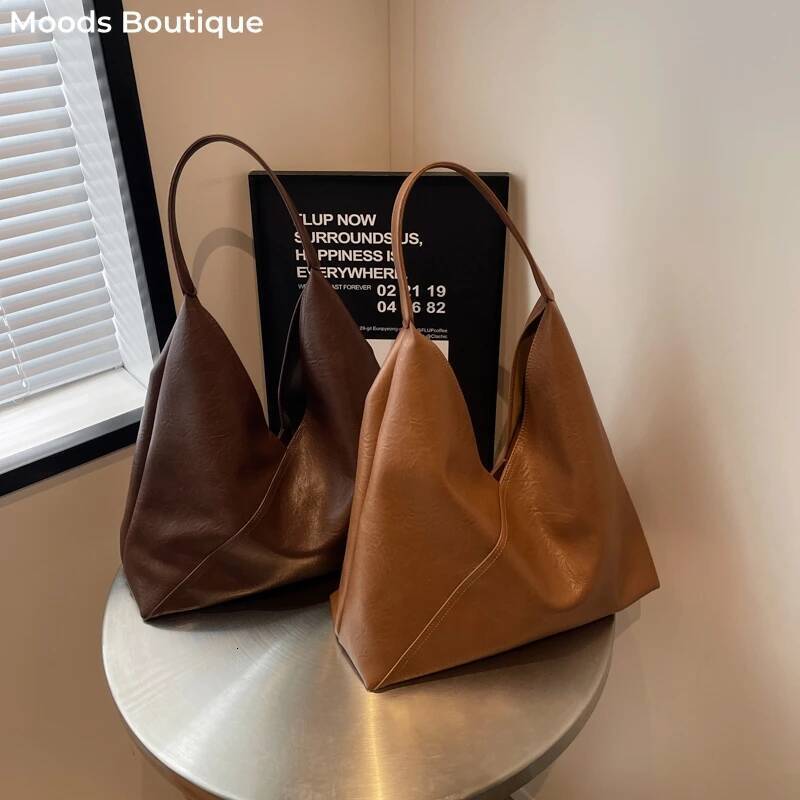 DHSM MOODS Retro Designer 2-IN-1 Shoulder Bags For Women Soft PU Leather Pure Color Large Capacity Underarm Hobo Shopper Tote Handbag