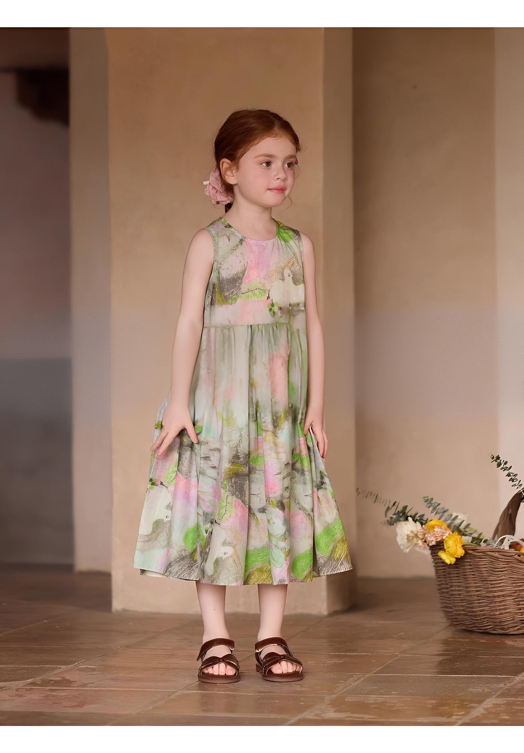 Girls' pure cotton abstract printed casual dress Versatile mid length dress