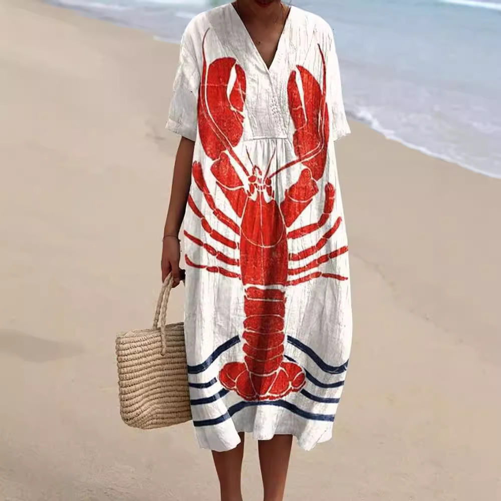 Designer Plus Size Dressindependent Station New Plus Size Women's Shirt Pocket Short Sleeve Dress Ocean Element Fish Vacation Style Dress