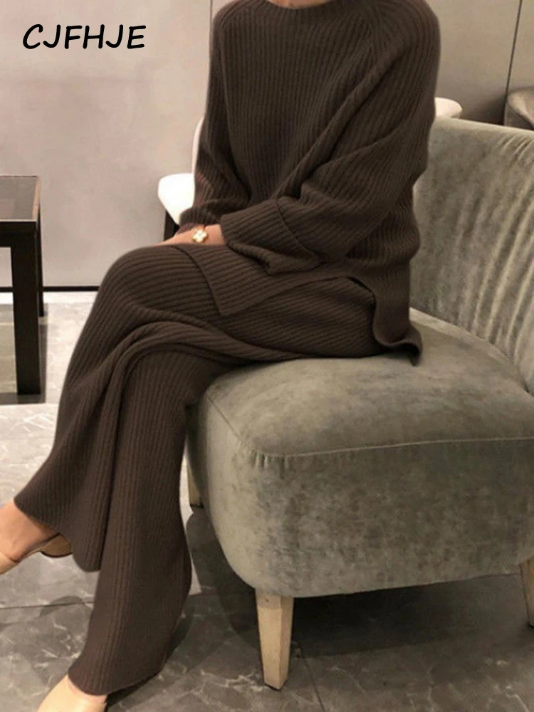 CJFHJE Knitted Sweater Suit Women Elegant Solid O-Neck Pullovers Wide Leg Pants Suit Lady Winter Soft 2 Piece Set Homewear 250619