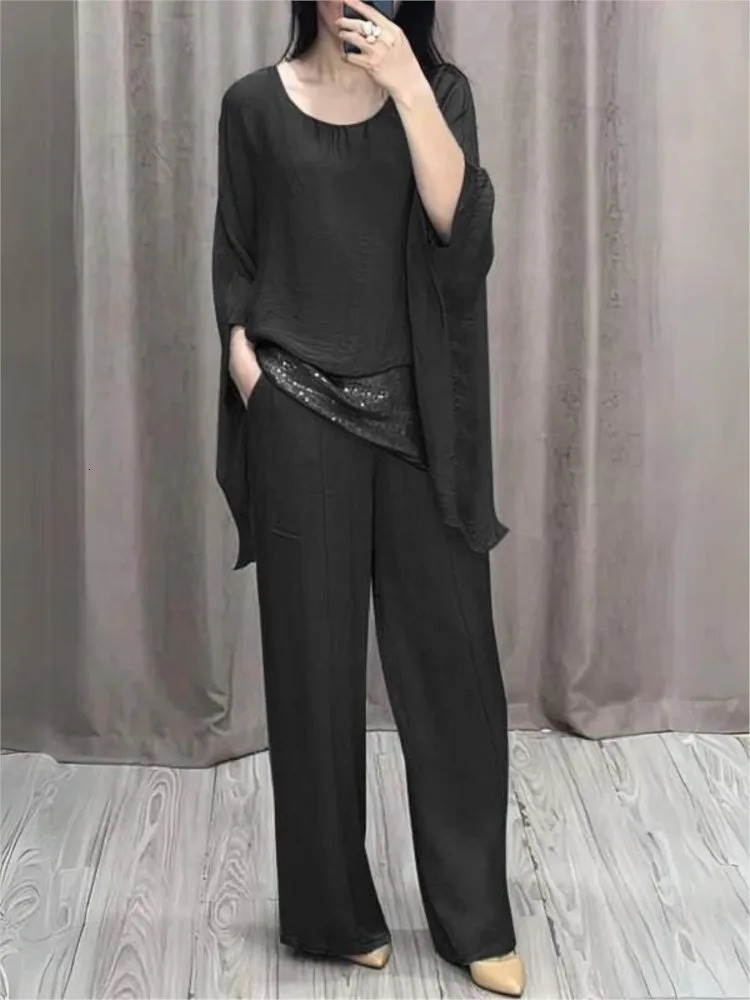 Women Double-layer Top Two-piece Suit Spring Autumn Fashion O-neck Sets Casual Batwing Sleeve Top With Wide Leg Pants Outfits 250619