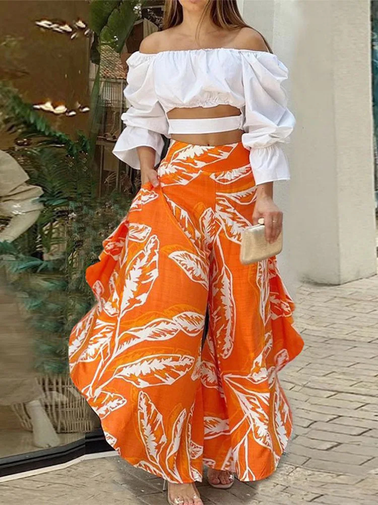 Pant Set Women Solid Slash Neck Full Sleeve Off Shoulder Tops Two Piece Sets Loose Casual Print Long Pants High Waist 250619