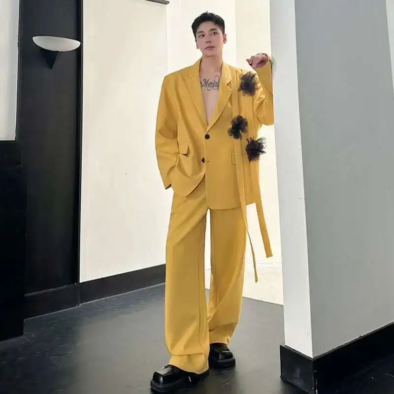 IEFB Niche Mens Two-piece Ribbon Mesh Floral Single Breasted Blazer Contrast Color Straight Wide Leg Suit Pant 9C8190 250619