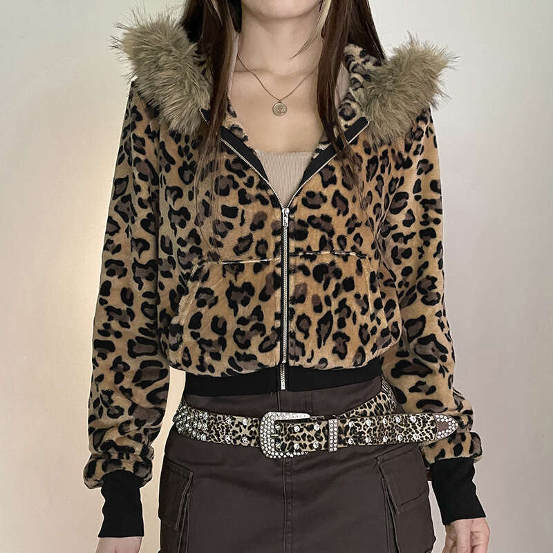 Autumn Winter New Leopard Print Patchwork Hooded Zipper Jacket Women's Fashion Street Style Warm Plush Coat B5