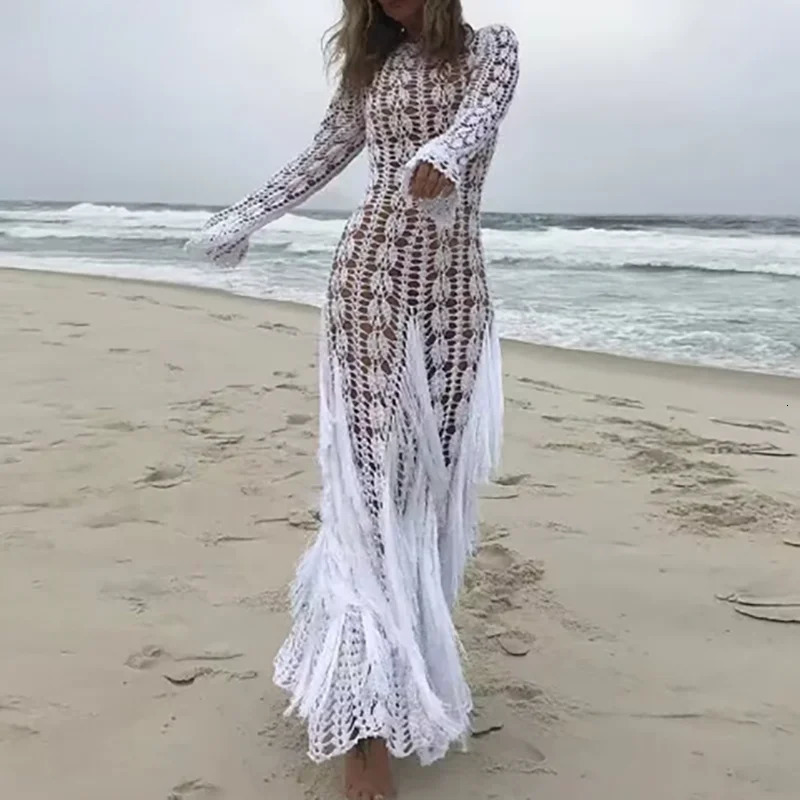 Fashion Fringe Patchwork Slim Long Robe Dress Beach Holiday Hollow Knitted Womens Dress 2025 Casual Summer Long Sleeved Dresses 250619