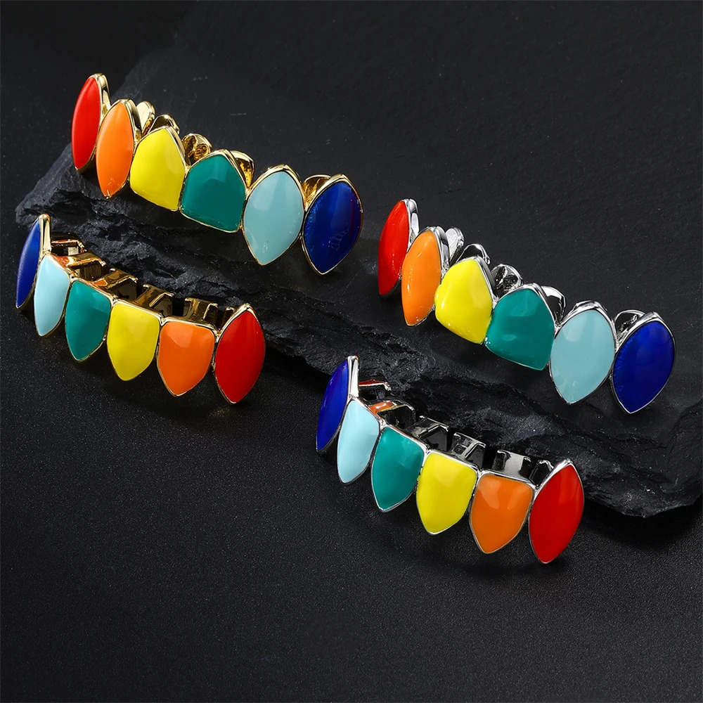 D Z Hip Hop Colorful Teeth Grills for Women Men Body Rainbow Color Oil Drop Copper Charm Party Jewelry Gift 250613