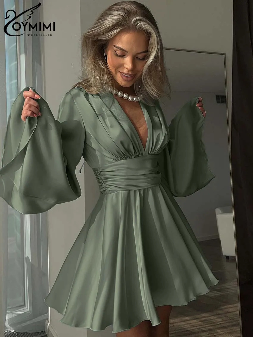 Oymimi Fashion Green Satin Womens Dress Elegant Deep V-Neck Long Sleeve Dresses Autumn High Waist Pleated Mini Dresses Female 250619