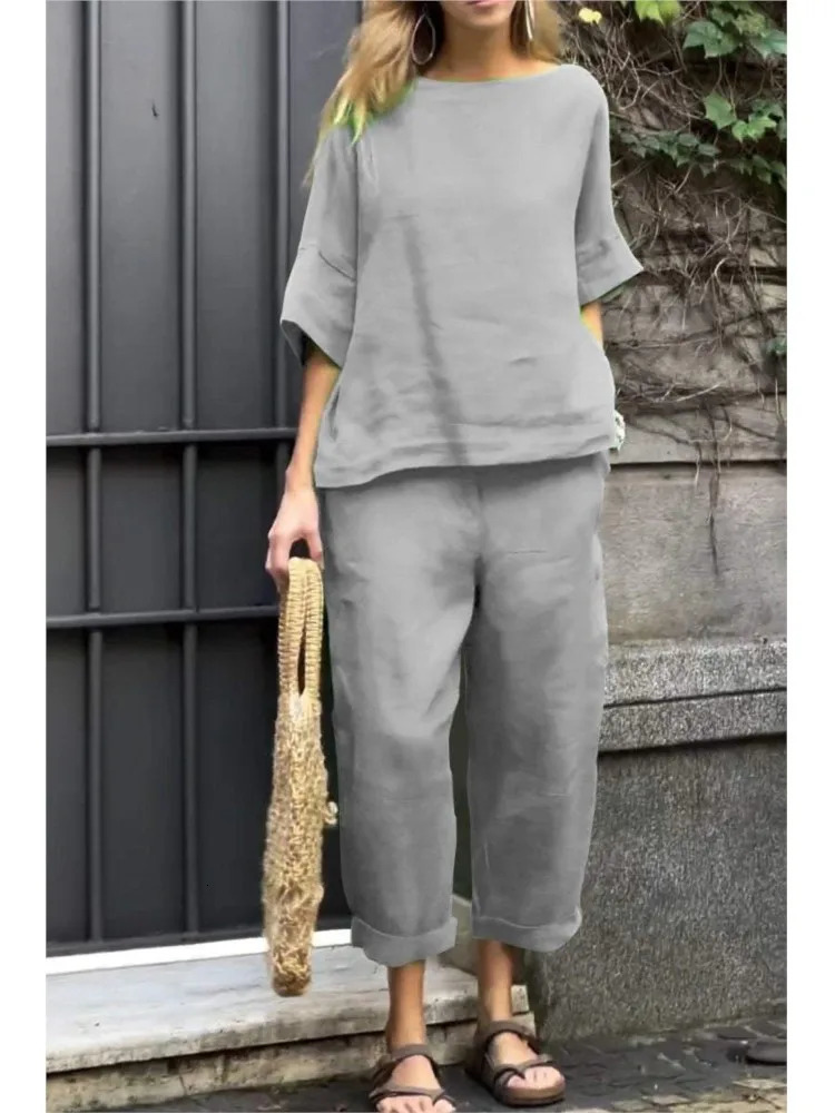 Fashion Cotton Linen Women Suit Casual Half Sleeve O Neck Top And Loose Pocket Pants 2 Piece Set 2025 Spring Summer Sets Female 250619