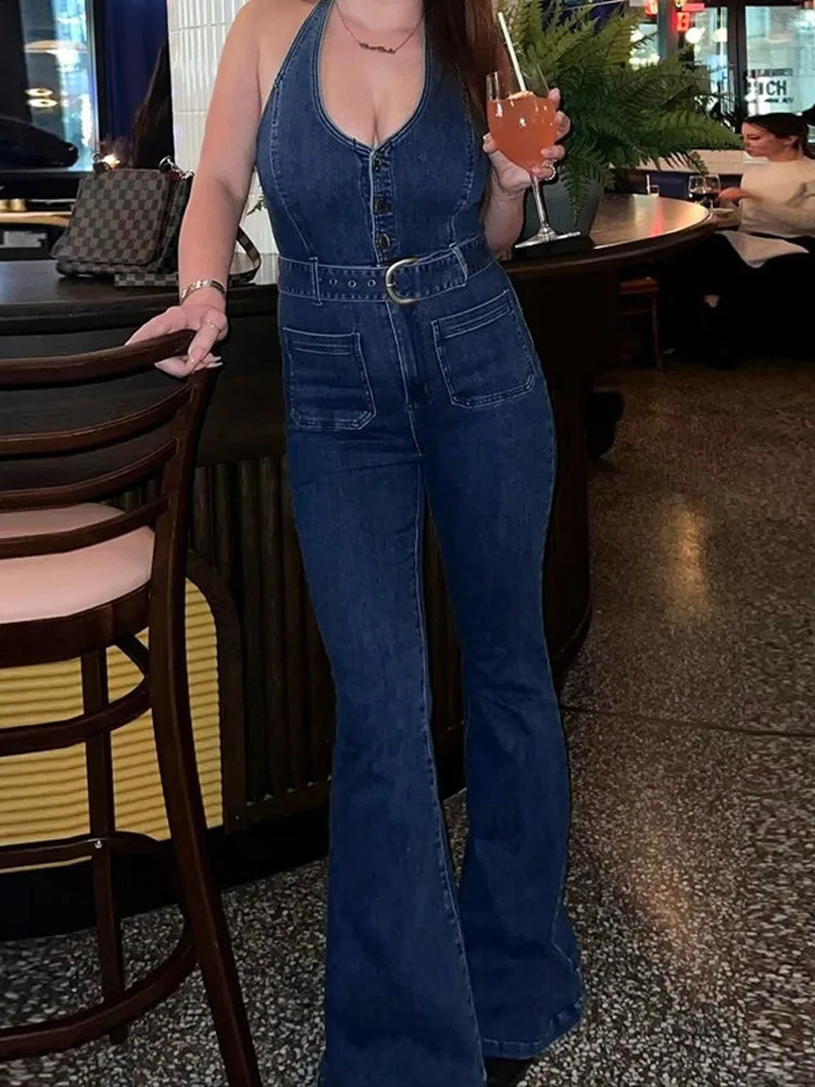 Summer Womens Denim Halter Sleeveless Jumpsuit With Chic Buttons Stretch Slimming Waist Romper Streetwear Trendy Outfit 250619
