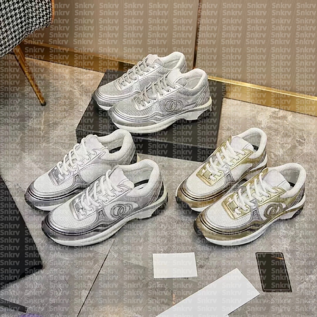 Designer Running CCity Shoes 23C Leather Sport Runner Lace Up Sneakers Chan Shoe Gold Silver Metallic Flat Womans Trainer Mesh Calfskin Nylon Reflective EUR35-42