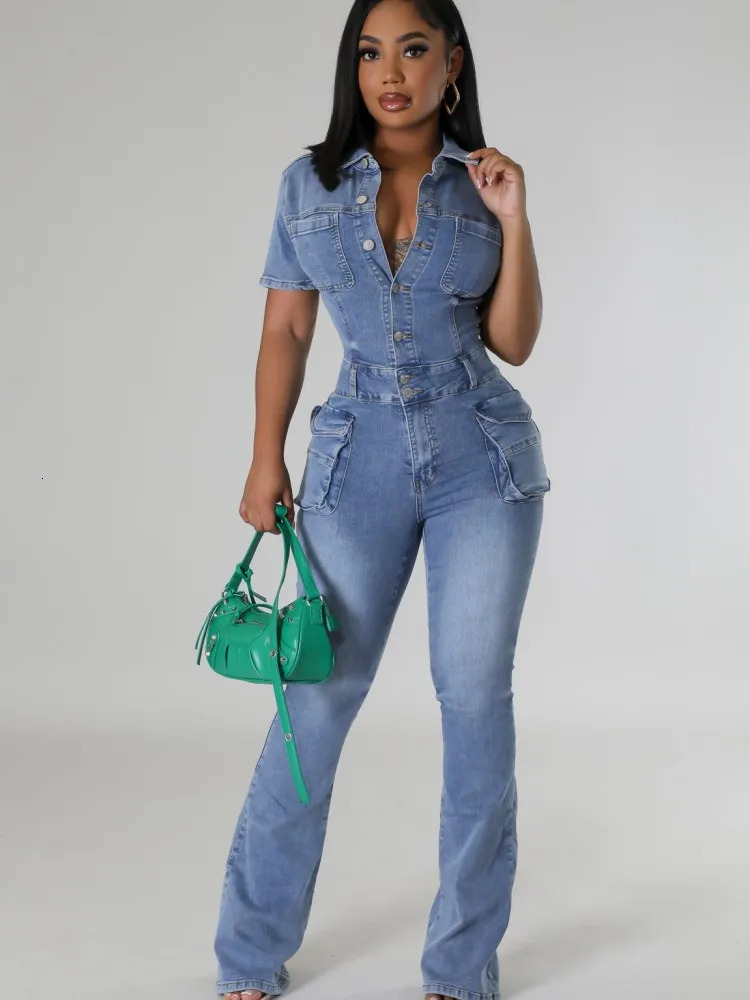 JRRY Sexy Women Denim Jumpsuits Short Sleeve Turn Down Collars Buttons Pockets Flared Pants Denim Bodysuit 250619