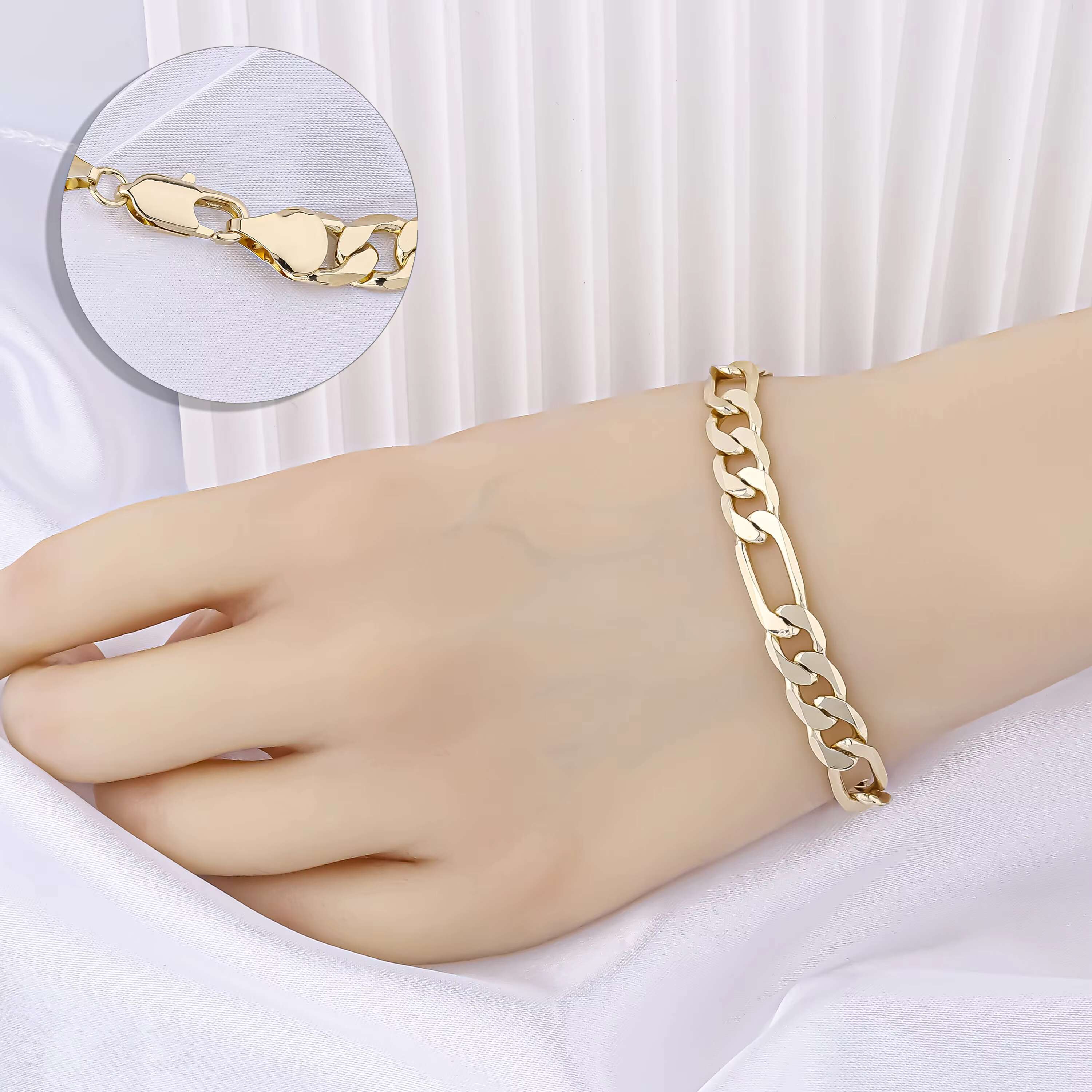 14K Gold Plated Pulseras NK 3-1 Figaro Chain Bracelet Multiple Width Chunky Bracelets Miami Cuban Link Bracelet for Women Men