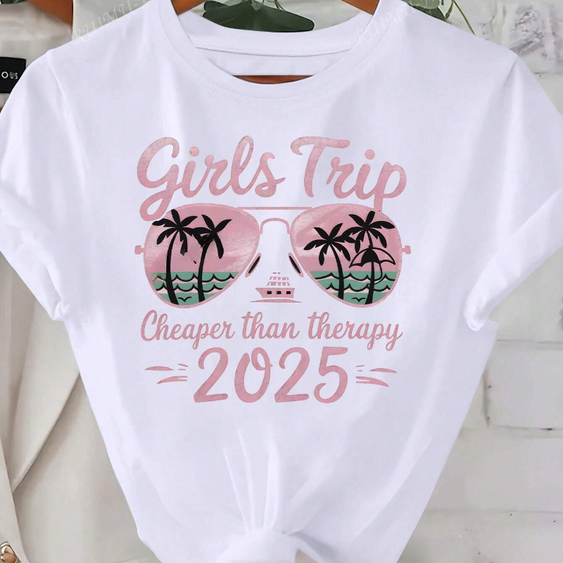 Womens Girls Trip Graphic Tee - Vacation-Ready with Palm Tree Sunglasses Design Casual Summer Short Sleeve Crew Neck Top for Beach Getaways