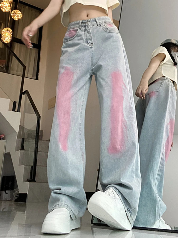 Female Straight Leg Baggy Korean Version Graffiti Jeans Girls Loose Y2K Punk Streetwear Denim Pants Oversized Wide Leg Trousers 250619