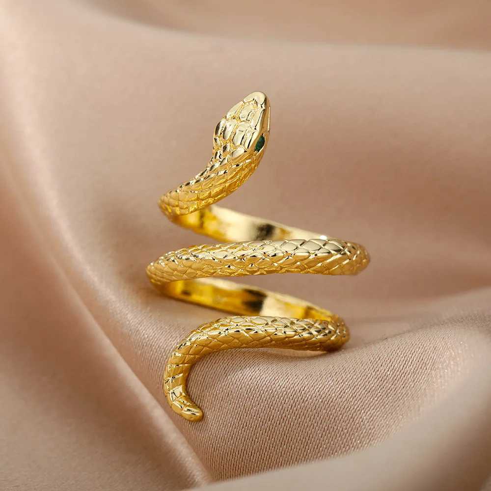 Stainless Steel Snake Rings For Women Men Gold Color Open Adjustable Zircon Ring Vintage Gothic Aesthetic Jewelry anillos mujer M250620