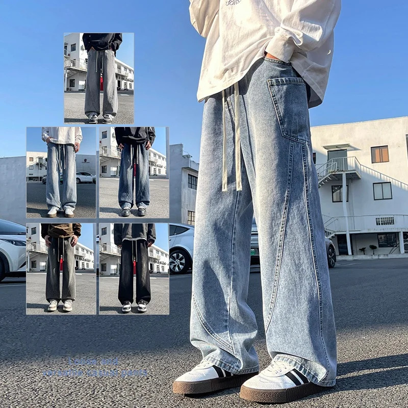 American Retro Washed Denim Jeans Mens Trendy Loose Straight Leg Workwear Wide Leg Pants Korean Street Hip-hop Mens Clothing 250617