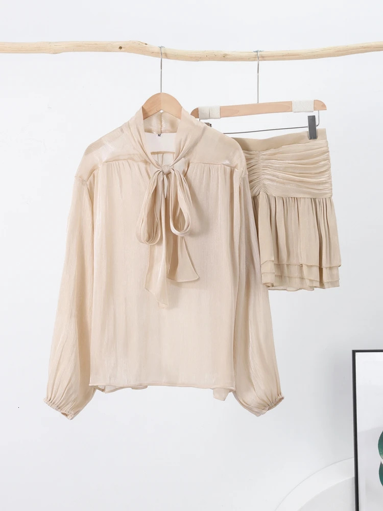 Elegant Bow Lace Up Top Skirts Set For Women O-neck Long Lantern Sleeve Blouses High Waist Pleated Skirt 2025 Lady Outfits 250619