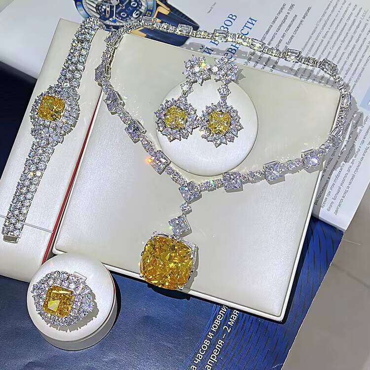 Simulated Dia Super Big Gemstone Sterling Sier Party Yellow Square Zircon Pendant Necklace