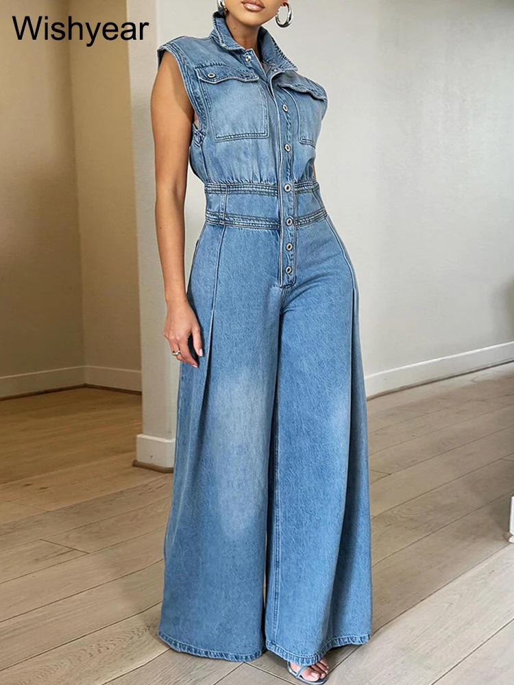 Vintage Loose Denim Wide Leg Pants Jumpsuit Women Pocket Sleeveless Single Breasted Baggy Jean One Piece Rompers Street Overalls 250619