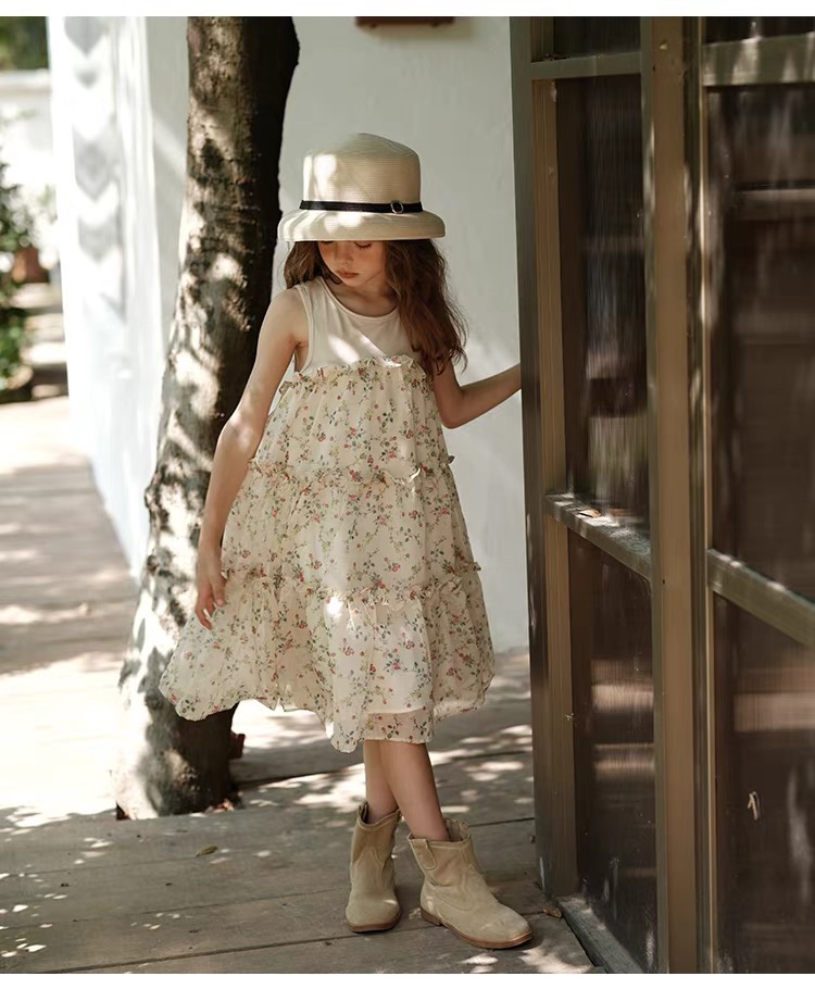 Girls' Knitted Splicing Chiffon Cake Dress Loose daily outerwear dress