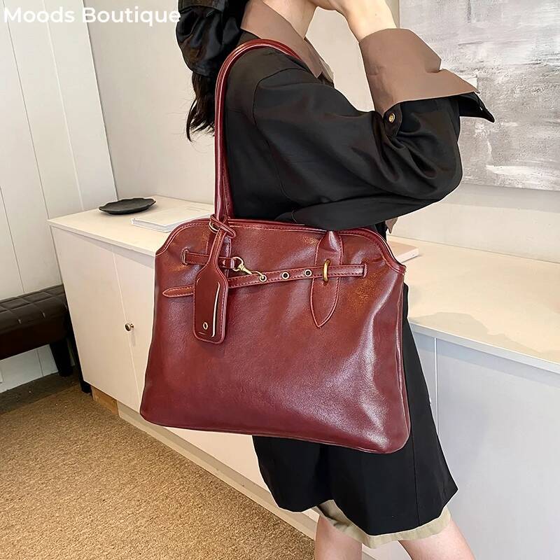 DHSM MOODS Retro Underarm Shoulder Bags For Women 2024 Winter New Designer Handbags Soft PU Leather Big Capacity Shopper Totes