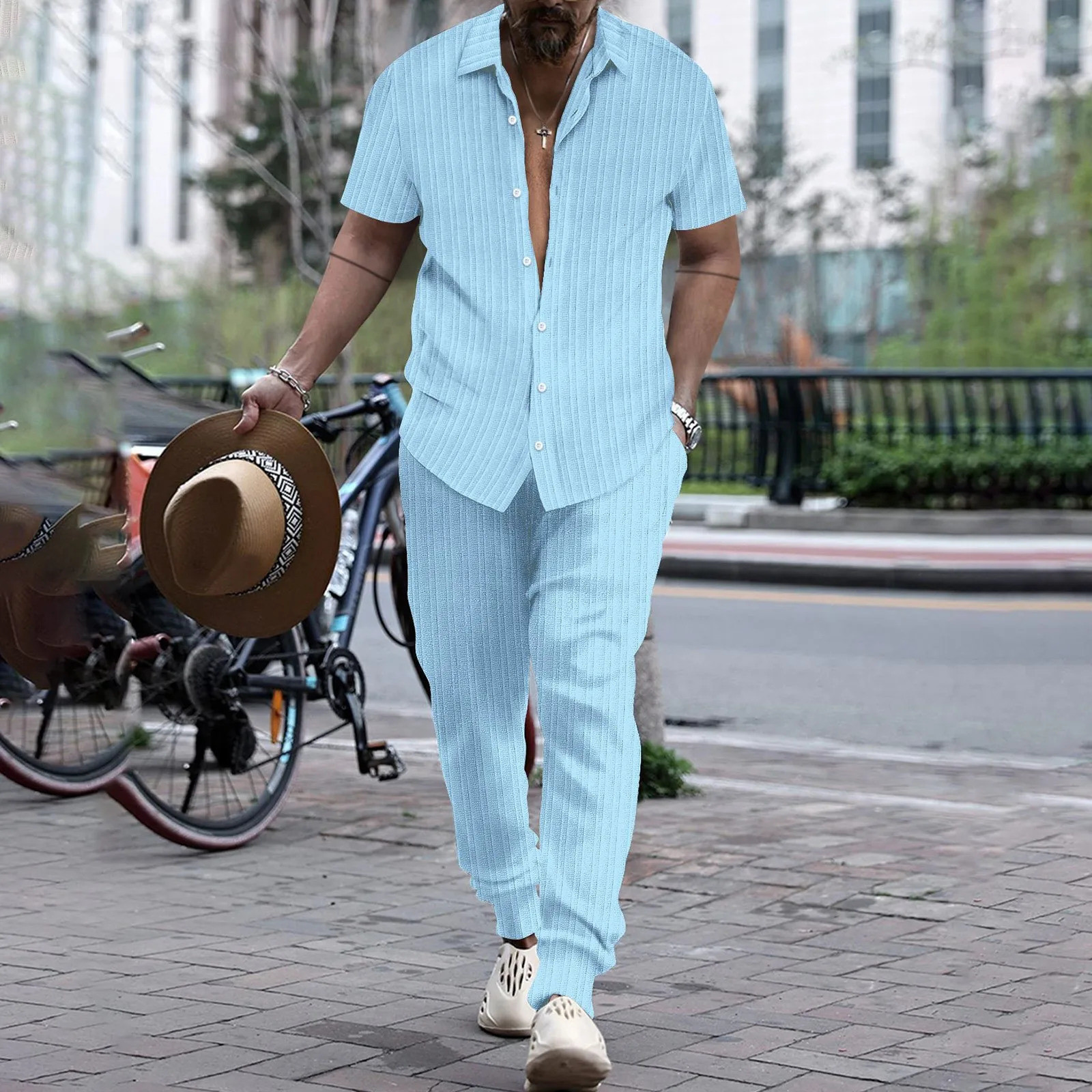 Mens Shirt Casual Short Sleeve Cardigan Blouse Top Pants Beach Suit Summer Two Piece Set Fashion Clothing For Man Ropa Hombre 250619