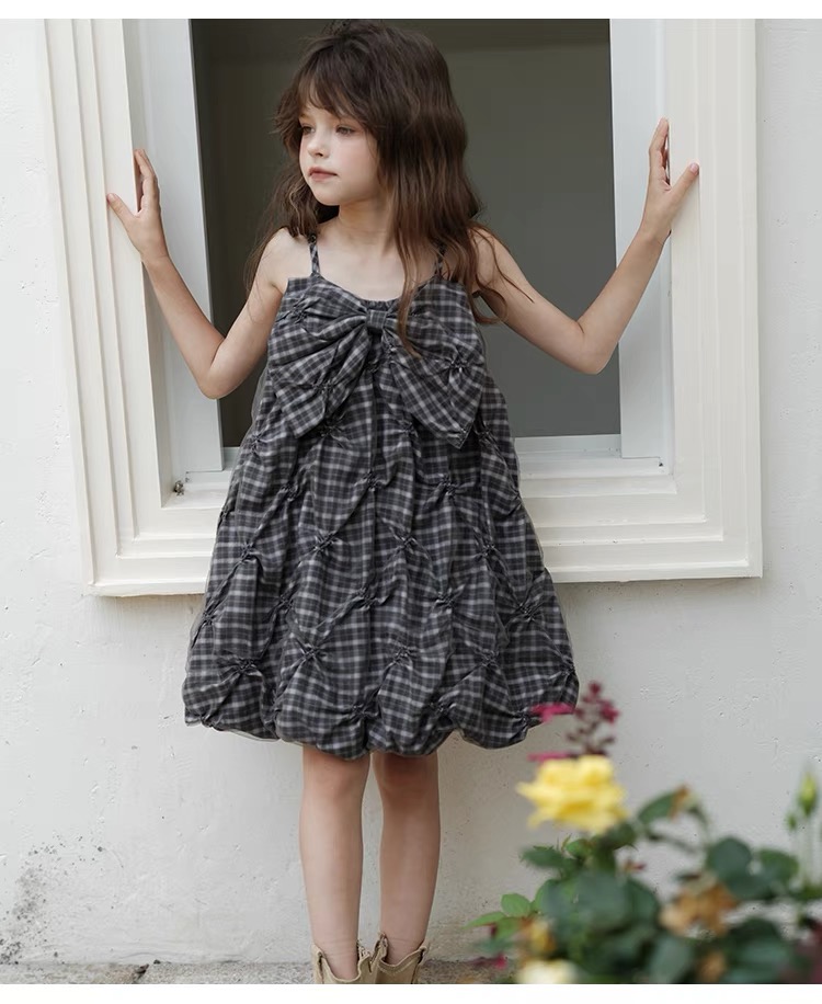 Girls' suspender lantern plaid dress Casual versatile outerwear dress