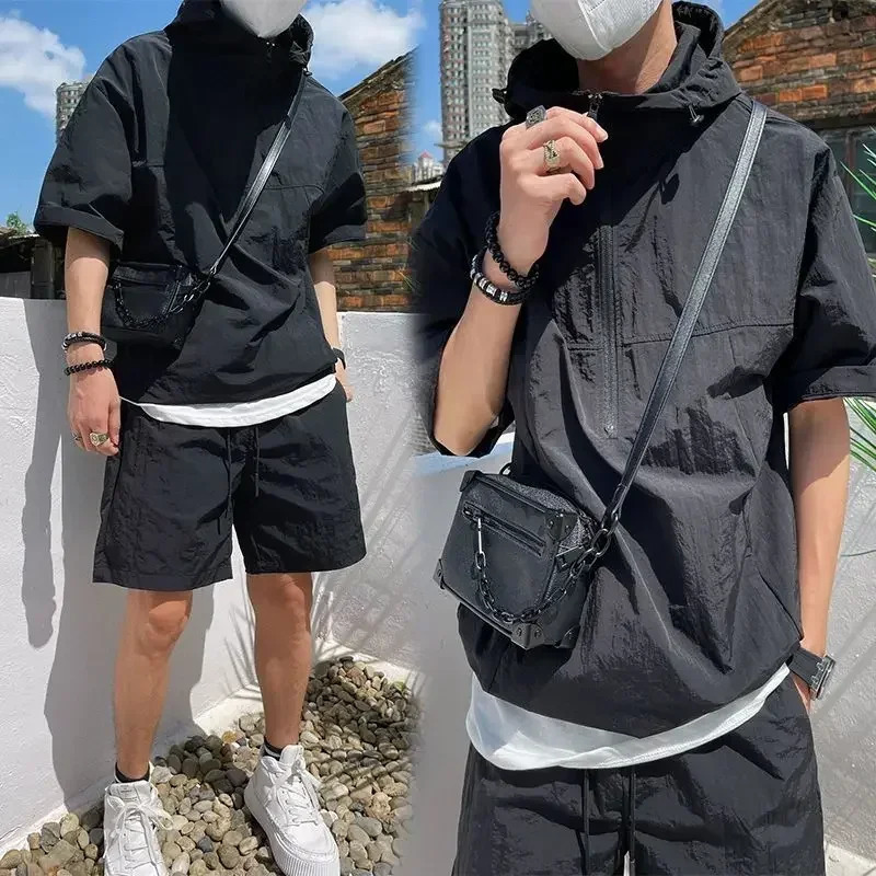 Summer Cargo Style Set Mens Casual Hooded Solid Short Sleeve T-shirt Shorts Loose Fashion High Quality Handsome Sweatshirt Suit 250619