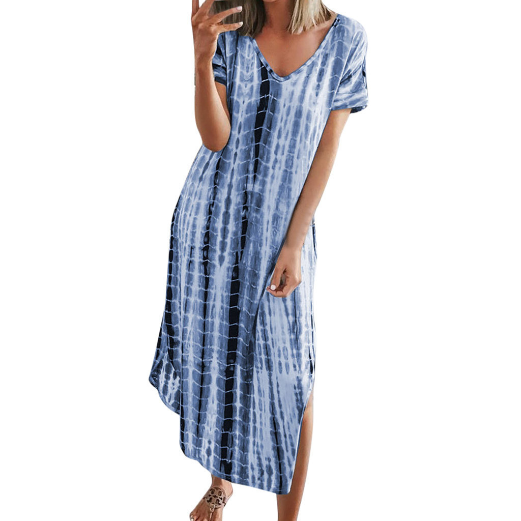 Designer Plus Size Dress2025 Summer New European And American Women's Printed Tie-dye Split V-neck Loose Slimming Plus Size Irregular Dress