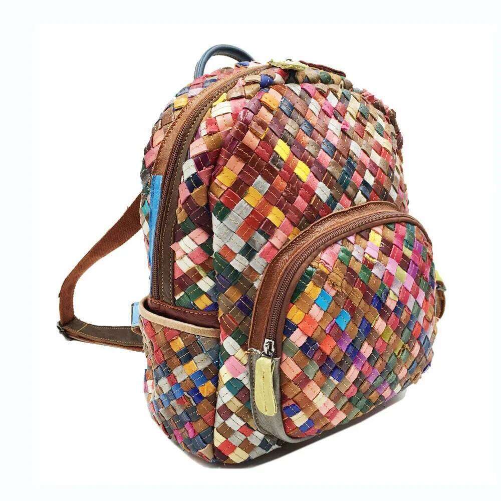 2024 Fashionable Genuine Backpack Color Block Cow Leather Handwoven Double Shoulder Women's Bag Free Shippin