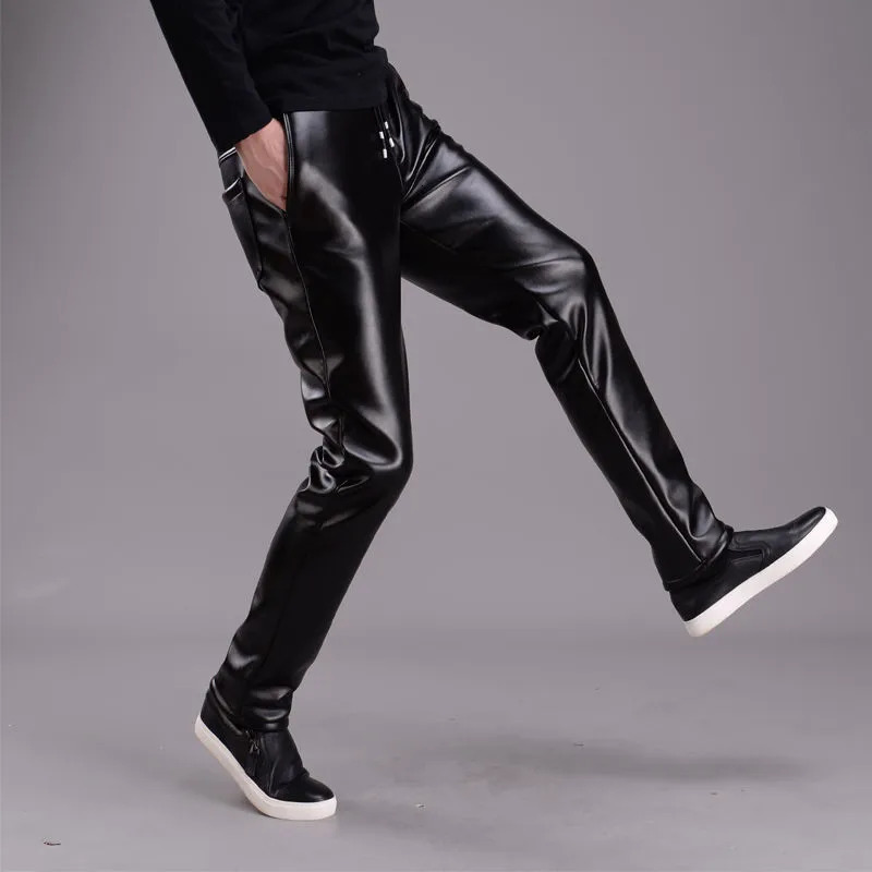 Mens Leather Pants Elastic High Waist Casual PU Trousers Korean Fashion Skinny Male Motorcycle Waterproof 250614