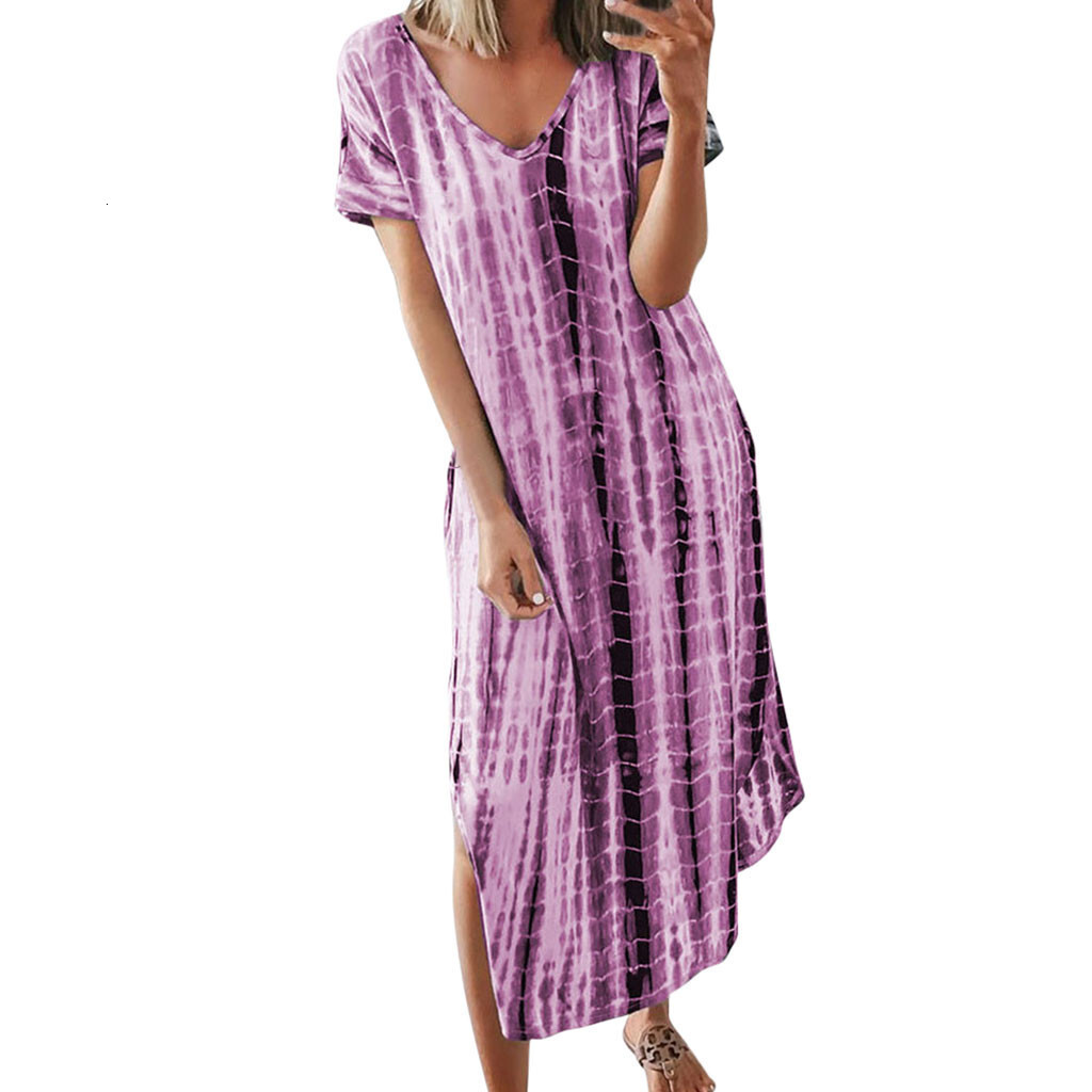 Designer Plus Size Dress2025 Summer New European And American Women's Printed Tie-dye Split V-neck Loose Slimming Plus Size Irregular Dress