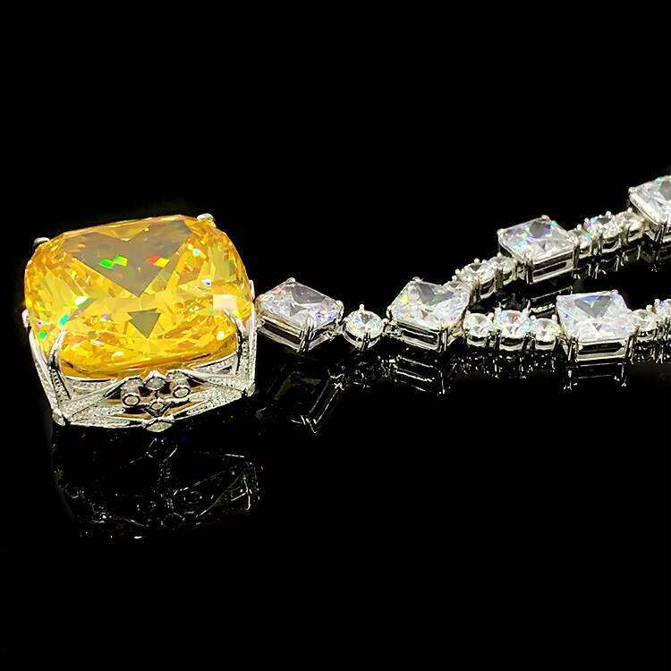 Simulated Dia Super Big Gemstone Sterling Sier Party Yellow Square Zircon Pendant Necklace