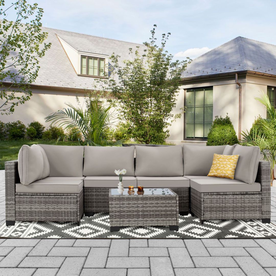 7 Pieces Patio Furniture Set, Patio Modular Patio Set Wicker Outdoor Sectional Sofa Set PE Rattan Wicker Patio Conversation Set, Gray Wicker/Gray Cush