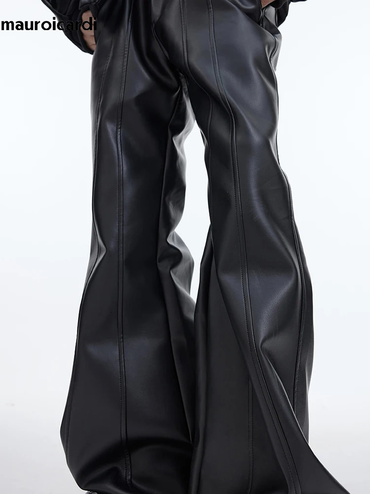 Mauroicardi Autumn Cool Handsome Long Black Matte Baggy Pu Leather Wide Leg Pants for Men High Waist Emo Clothes 250614