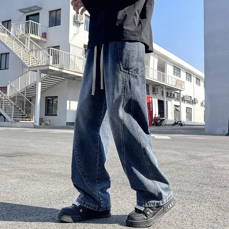 American Retro Washed Denim Jeans Mens Trendy Loose Straight Leg Workwear Wide Leg Pants Korean Street Hip-hop Mens Clothing 250617