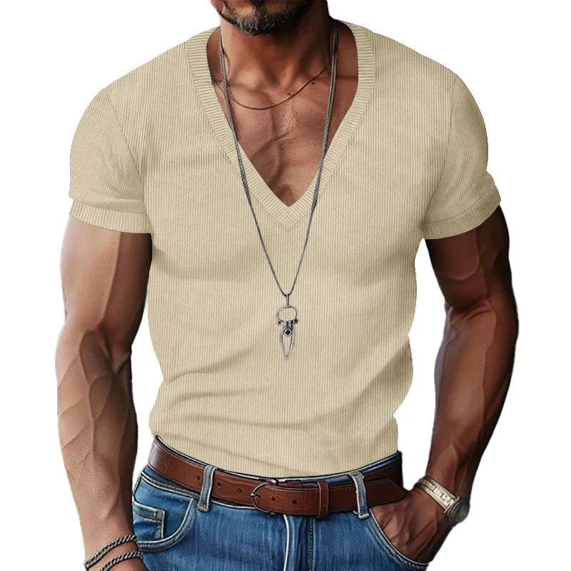 Mens corduroy T European and American summer mens clothing Vneck solid color slim fit casual Tshirt short sleeved top 250616