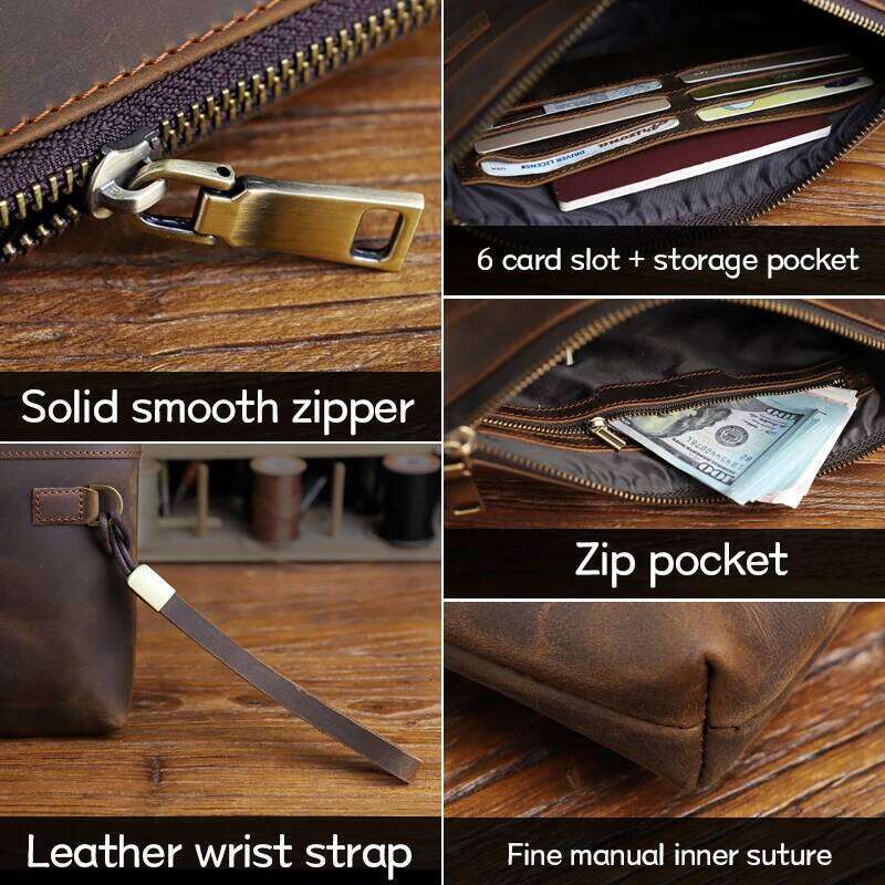 100% Genuine Leather Men's Clutch Wallet Zipper Business Daily Handbag Large Capacity Purse For Man Phone Pouth Hand Bag