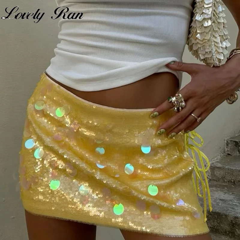 Sequin Side Split Women Skirt Bandage Slim Lady Mini Skirts 2025 Fashion Sexy High Waist Lace Up Lady Club A-line Female Vestido 250619