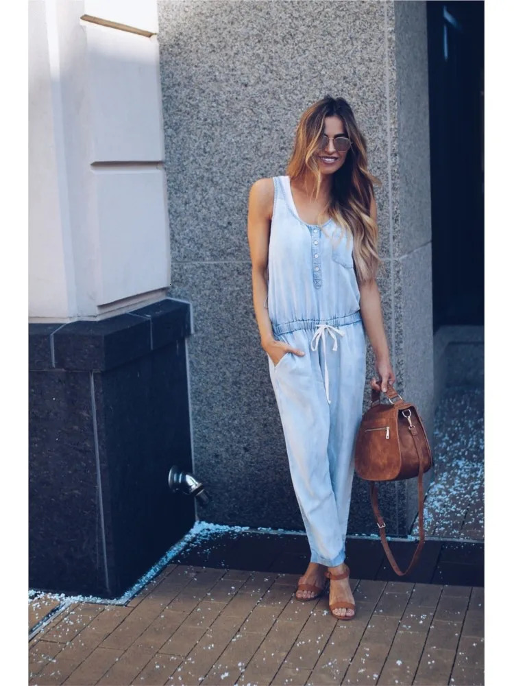 Summer Denim Jumpsuit For Women 2025 Fashion Sleeveless Button Vest Slim Drawstring Pant Jumpsuits High Street Womens Clothing 250619