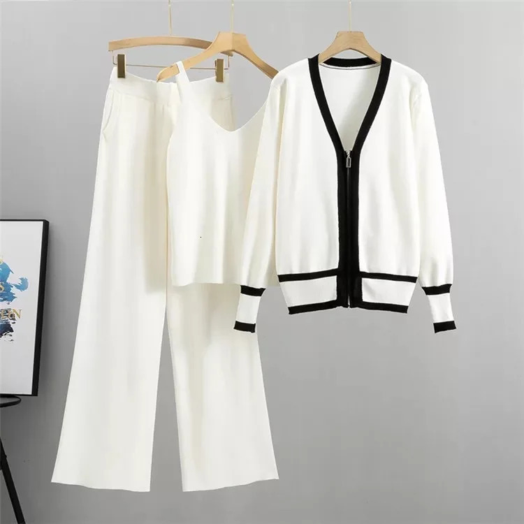 Three Piece Sets Women Pant Set Knitted V Neck Sleeveless Vest Zipper Matching Sets Casual Coats Wide Leg Long Pants Loose 250619