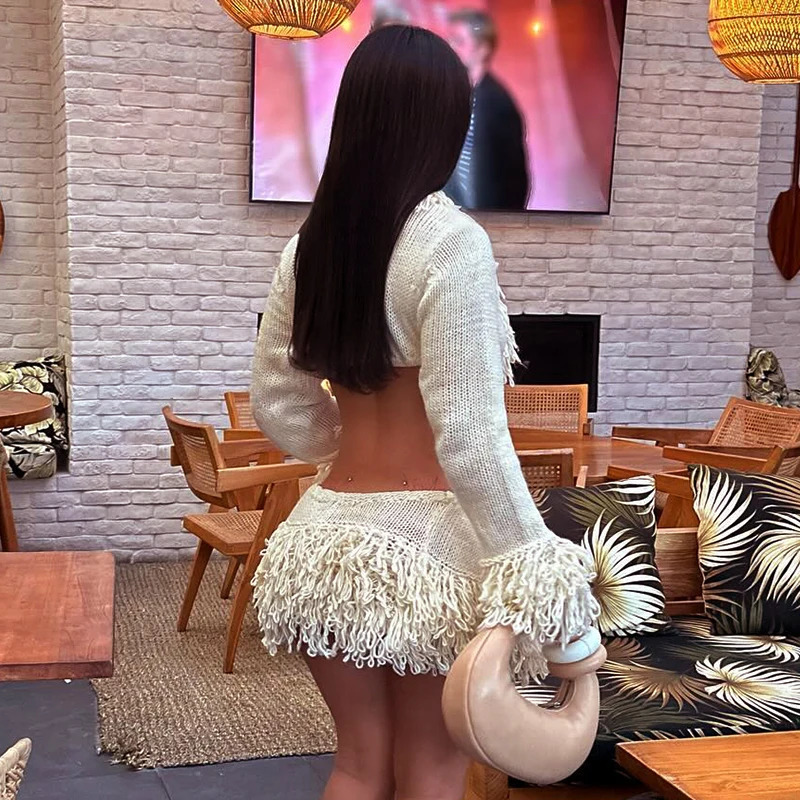 CUTENOVA French Knit Sexy Set Tie Cardigan Long Sleeve Navel Top Fashion Sexy Mini Skirt Set For Y2K tie Girl Wear 250619