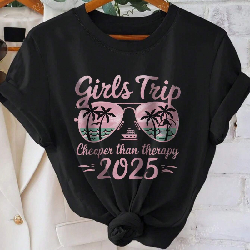 Womens Girls Trip Graphic Tee - Vacation-Ready with Palm Tree Sunglasses Design Casual Summer Short Sleeve Crew Neck Top for Beach Getaways