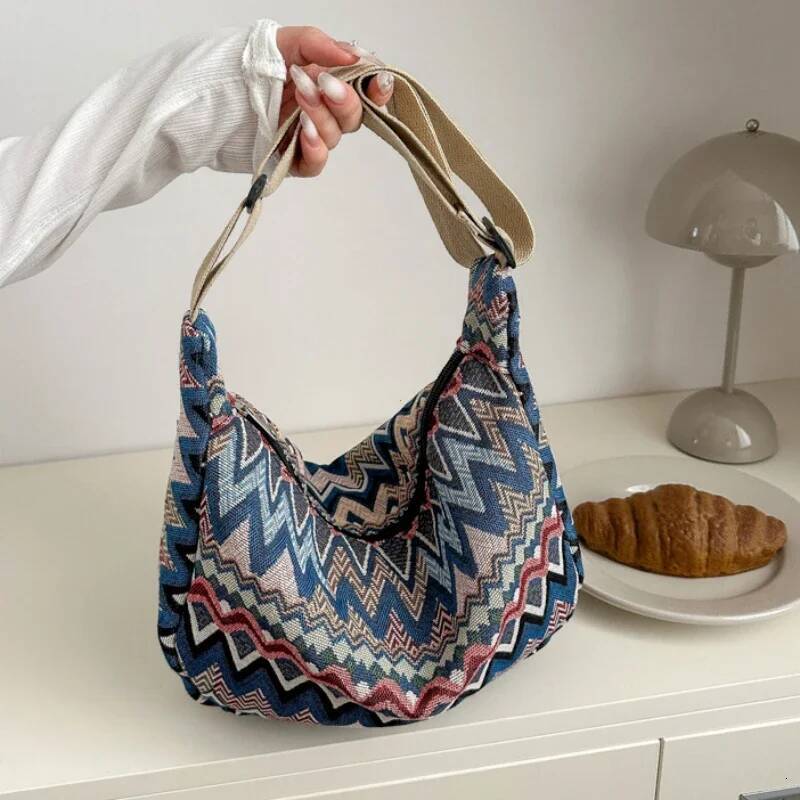 DHGM Wave Pattern Design Crossbody for Women New Large Capacity Canvas Shoulder Versatile College Students Dumplings Bag