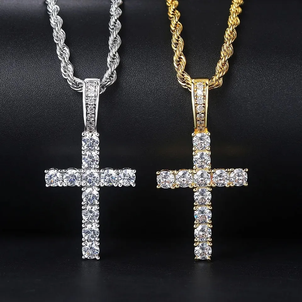Gold Plated Cross Pendant Necklace for Men and Women - Stainless Steel, 4MM CZ Stone, Hip Hop Chain Necklace